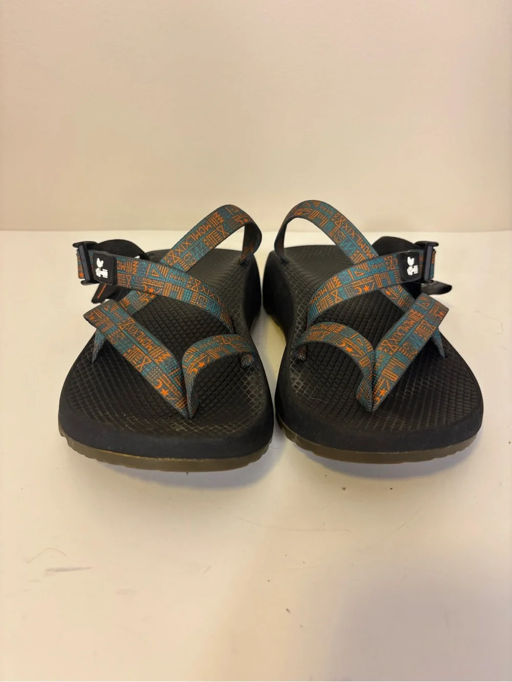 Chaco Black Sandals with Teal and Orange Patterned Straps Open Back Men’s 7